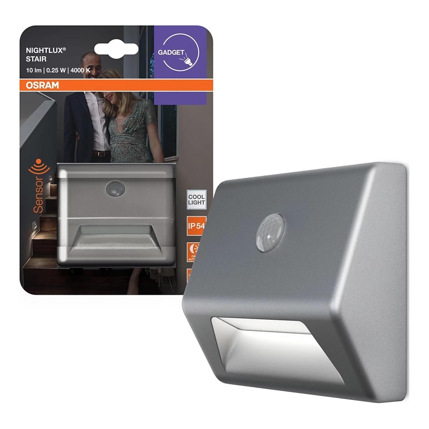 Osram - LED schodiskové svietidlo so senzorom NIGHTLUX LED/0,25W/3xAAA IP54 strieborné