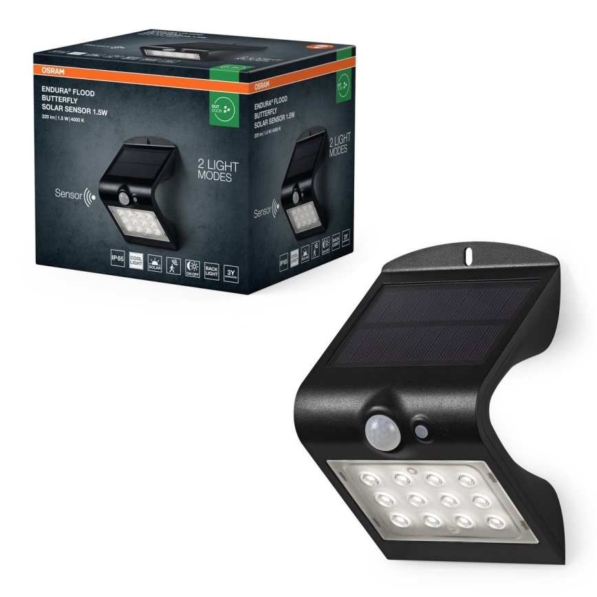 Solárny senzorový LED reflektor s 12 diódami je pripevnený na stenu. Svieti s dvoma režimami osvetlenia. Balenie uvádza: Endura Flood Butterfly Solar Sensor 1,5W, 220 lm 1,5 W 4000 K, IP65, 5 rokov záruka.