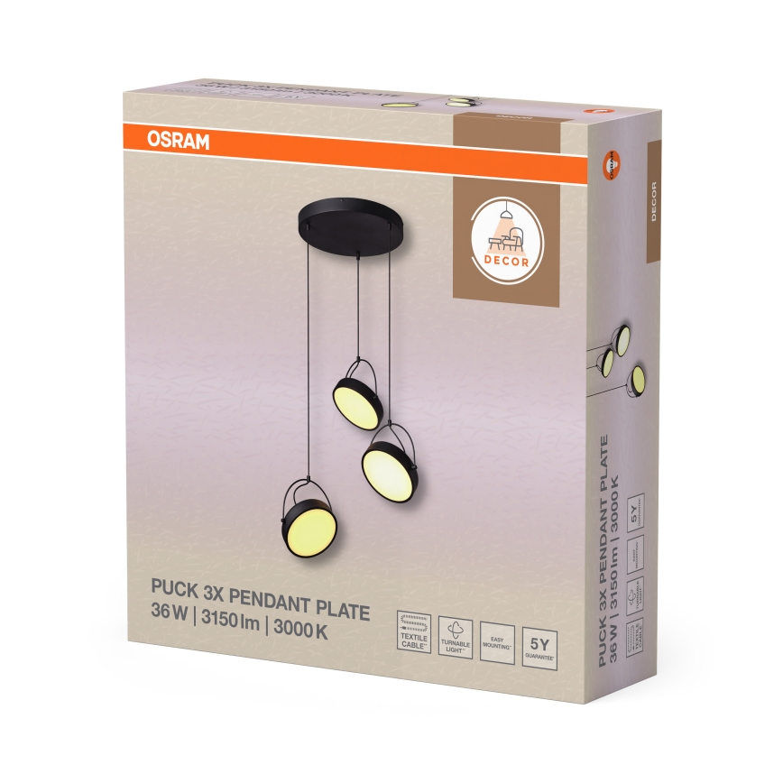 Osram - LED závesné svietidlo na lanku DECOR PUCK 3xLED/12W/230V čierna