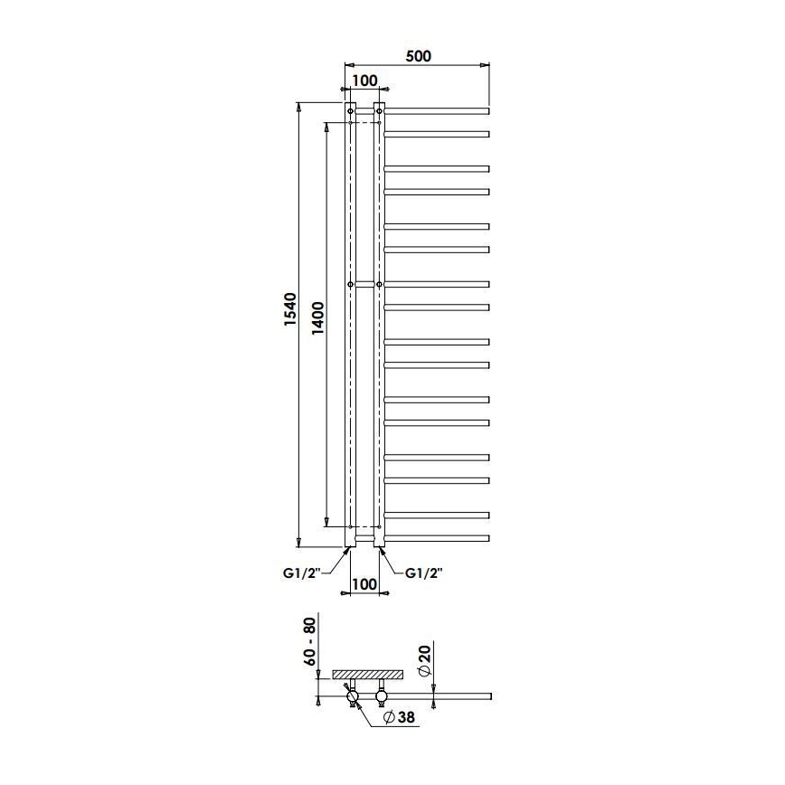 P.M.H. T2C - Kúpeľňový rebríkový radiátor THEIA 352W 154 cm, pravé prevedenie, lesklý chróm