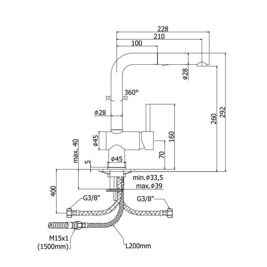 Paffoni - Drezová batéria s vysúvateľnou sprchou LIGHT 29,2 cm čierna