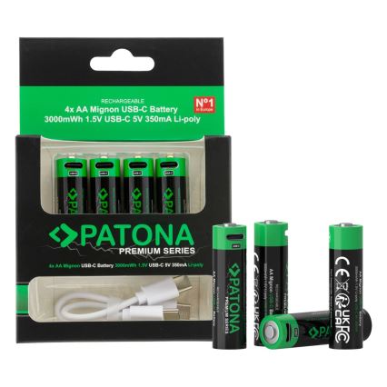PATONA - SADA 4x Batéria AA/LR6 Li-Pol 2000mAh 1,5Vs s USB-C nabíjaním