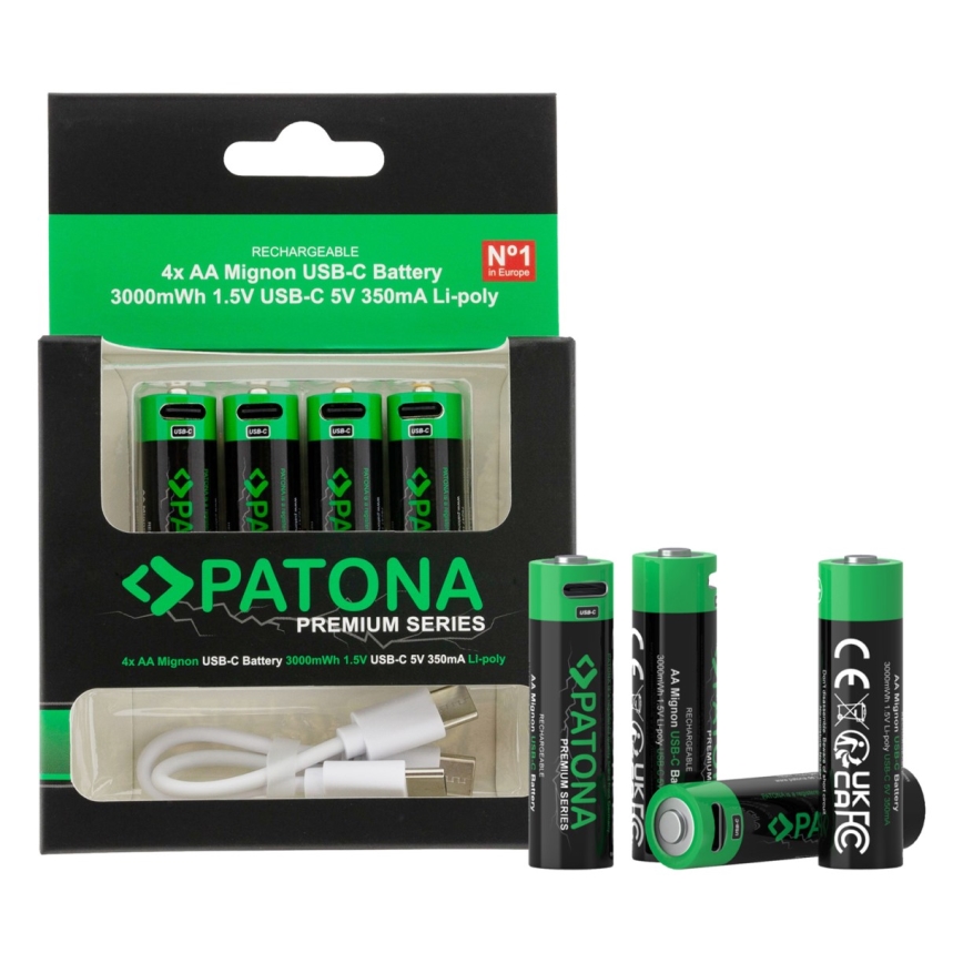 PATONA - SADA 4x Batéria AA/LR6 Li-Pol 2000mAh 1,5Vs s USB-C nabíjaním