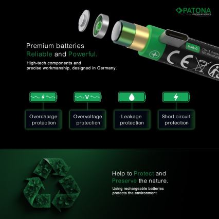 PATONA - SADA 4x Batéria AA/LR6 Li-Pol 2000mAh 1,5Vs s USB-C nabíjaním