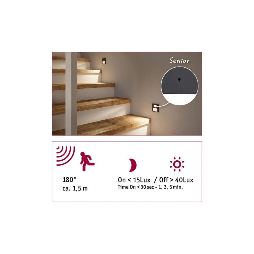 Paulmann 80002 - LED/1W Schodiskové svietidlo so senzorom TSARO 230V Lead/biela
