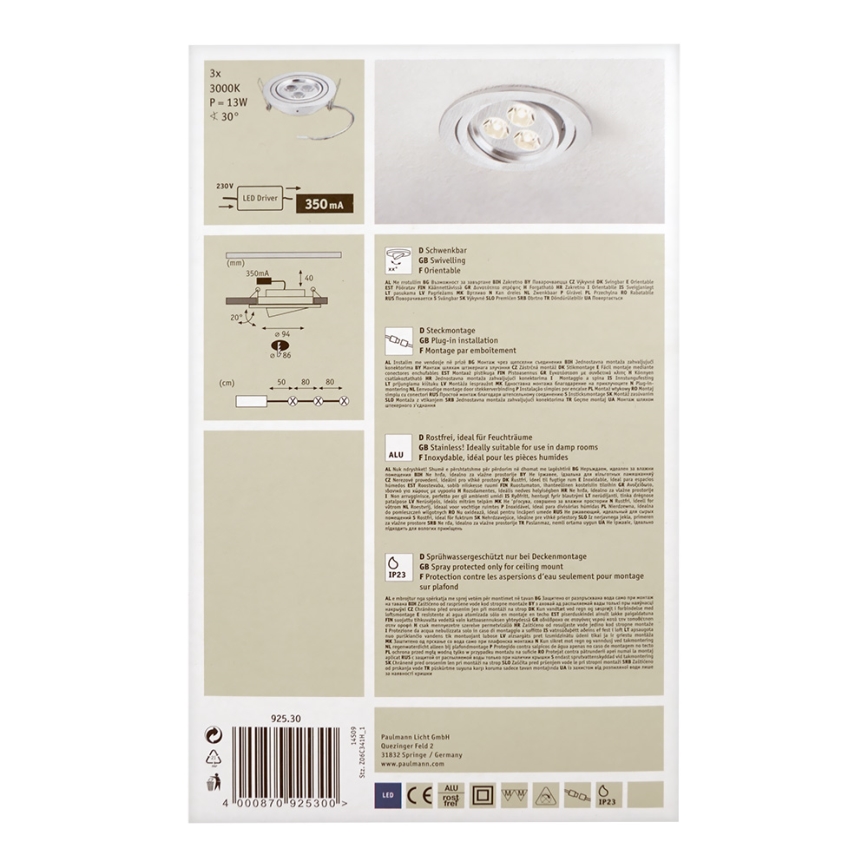 Paulmann 92530 - SADA 3x LED/3W Kúpeľnové podhľadové svietidlo PREMIUM LINE 230V