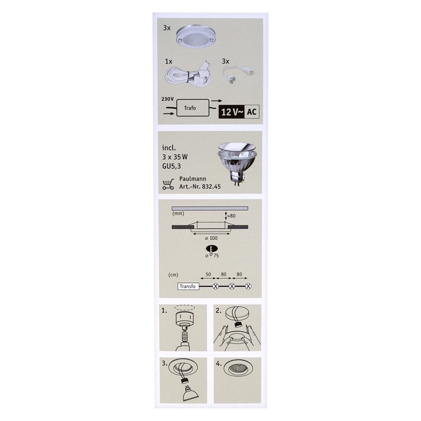 Paulmann 92536 - SADA 3x Kúpeľňové podhľadové svietidlo DECO 3xGU5,3/35W/230V