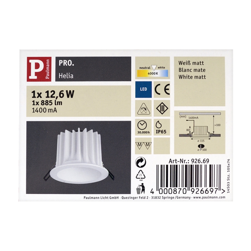 Paulmann 92669 - LED/12,6W IP65 Kúpeľňové podhľadové svietidlo HELIA 1400 mA