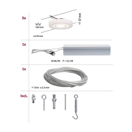 Paulmann 94109 - SADA 5×LED/4,3 W Kompletný lankový systém MAC 230 V biela