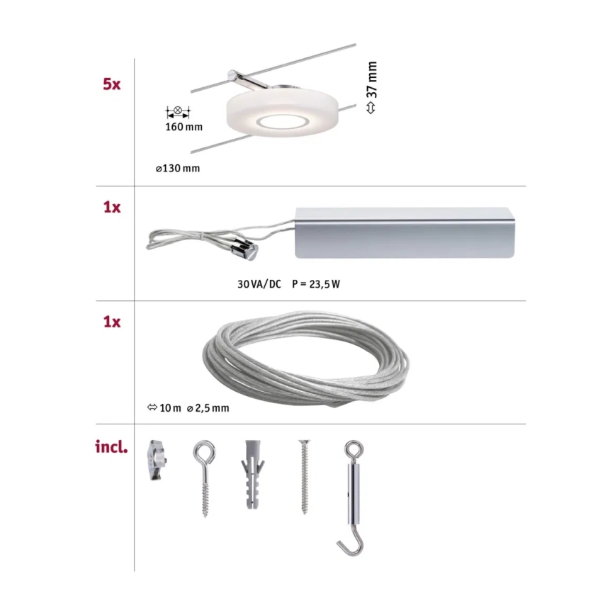 Paulmann 94109 - SADA 5×LED/4,3 W Kompletný lankový systém MAC 230 V biela