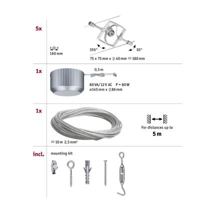 Paulmann 94133 - sada 5× GU5,3/10W, kompletný lanový systém MAC 230V v matnom chróme