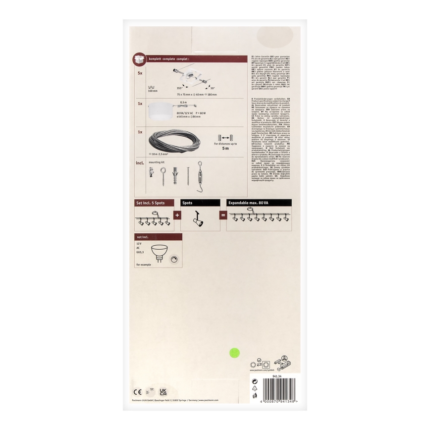 Paulmann 94134 - Súprava 5xGU5,3/10W Kompletný lankový systém MAC 230V biela