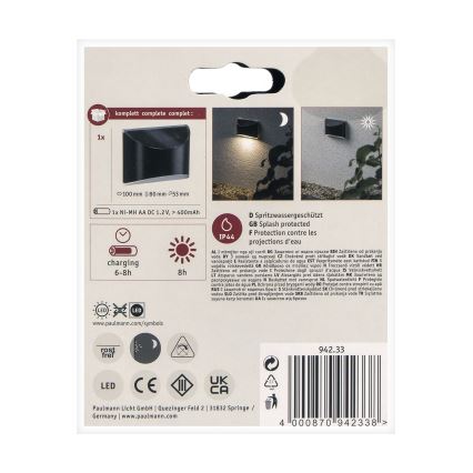 Paulmann 94233 - LED/0,05W IP44 Solárne nástenné svietidlo ELLIOT 1,2V 400 mAh