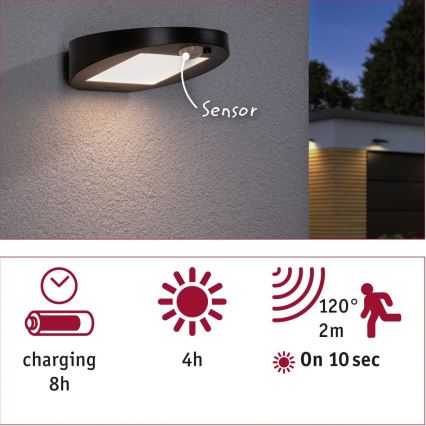 Paulmann 94246 - LED/1,2W IP44 Vonkajšie solárne svietidlo so senzorom RYSE 3,7V 1800 mAh
