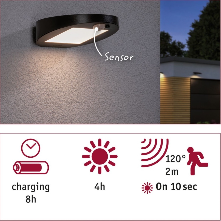 Paulmann 94246 - LED/1,2W IP44 Vonkajšie solárne svietidlo so senzorom RYSE 3,7V 1800 mAh