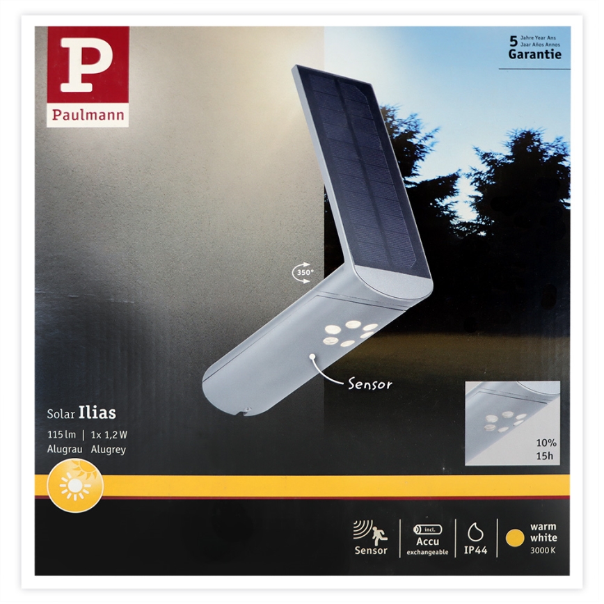 Paulmann 94261 - LED/1,2W IP44 Solárne nástenné svietidlo so senzorom ILIAS 3,7V 1800 mAh