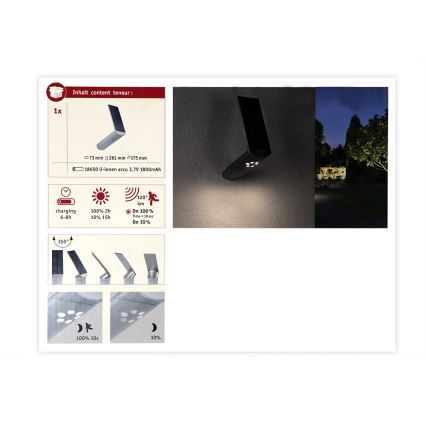 Paulmann 94261 - LED/1,2W IP44 Solárne nástenné svietidlo so senzorom ILIAS 3,7V 1800 mAh