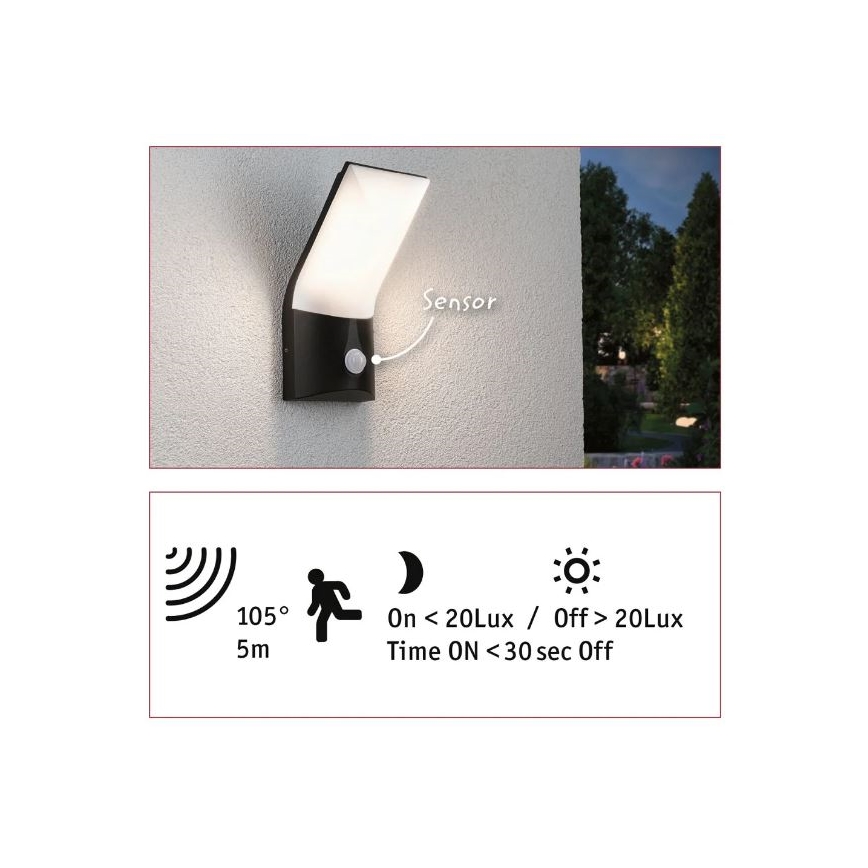 Paulmann 94402 - LED/10W IP44 Vonkajšie nástenné svietidlo so senzorom ADYA 230V