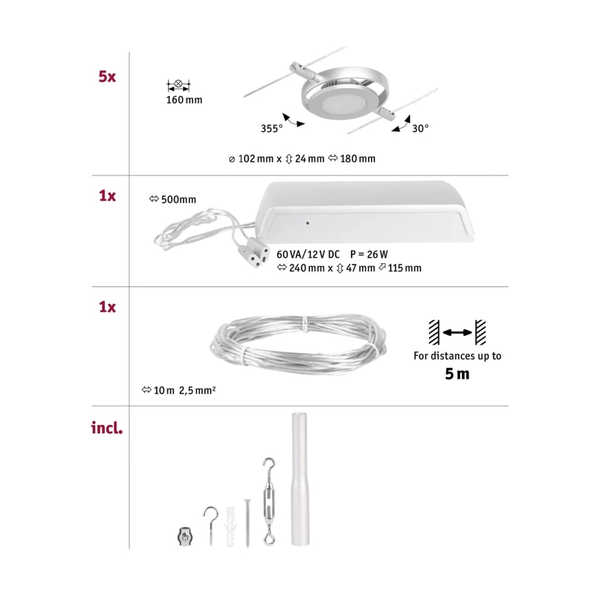 Paulmann 94414 - SADA 5xLED/4,5W Bodové svietidlo do lankového systému ROUNDMAC 230V lesklý chróm