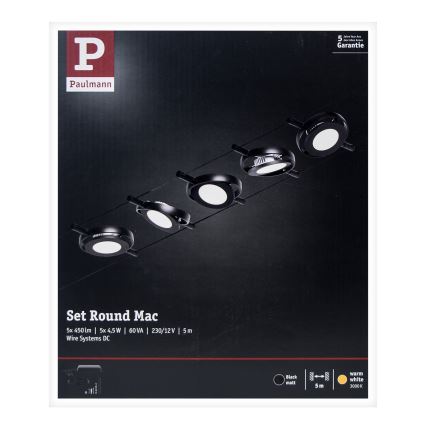 Paulmann 94418 - Sada 5xLED/4,5W Kompletný lankový systém ROUNDMAC 230V čierna