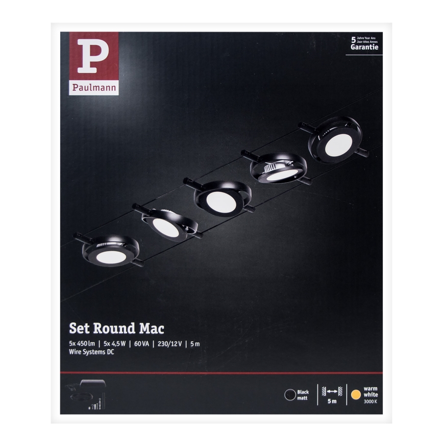 Paulmann 94418 - Sada 5xLED/4,5W Kompletný lankový systém ROUNDMAC 230V čierna