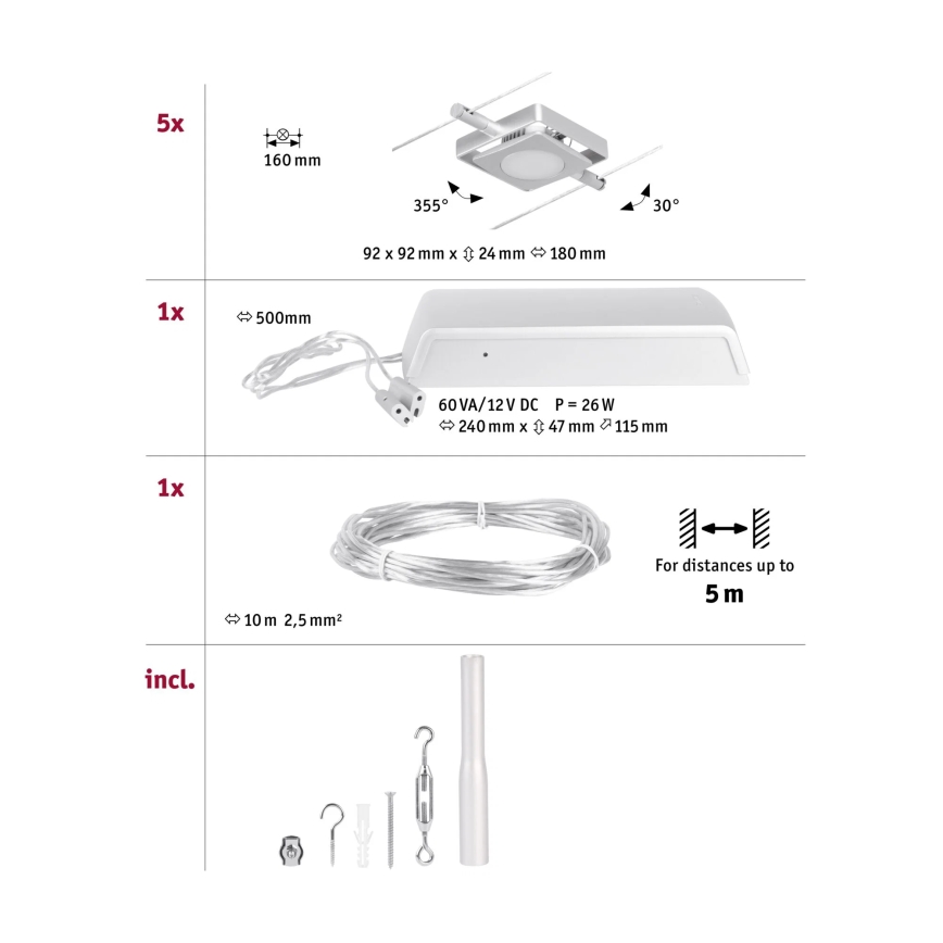 Paulmann 94420 - SADA 5xLED/4,5W Kompletný lankový systém MAC 230V matný chróm