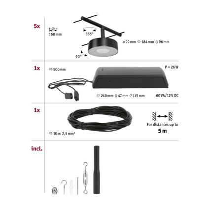 Paulmann 94479 - Súprava 5× LED 5 W, kompletný lanový systém CIRCLE 230 V, čierna