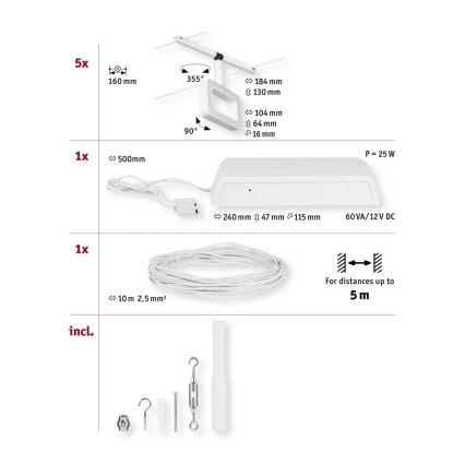 Paulmann 94483 - SADA 5xLED/4,8W Kompletný lanový systém FRAME 230V biela