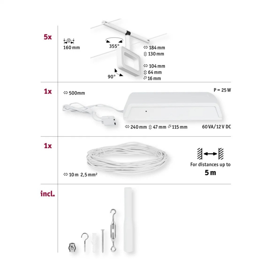 Paulmann 94483 - SADA 5xLED/4,8W Kompletný lanový systém FRAME 230V biela