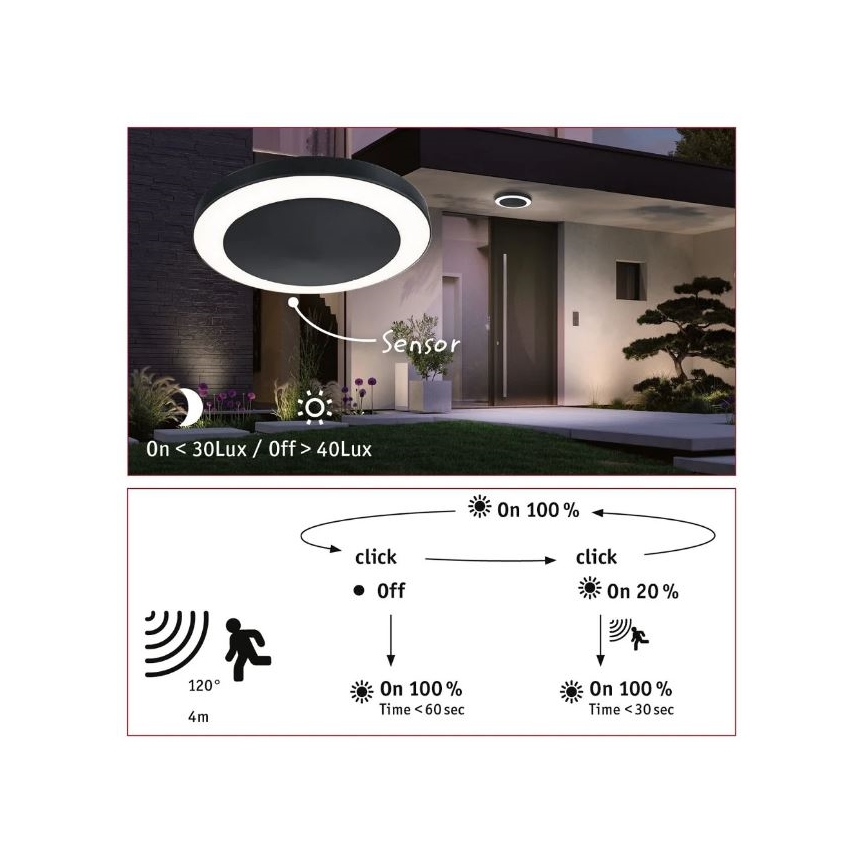 Paulmann 94526 - LED/14W IP44 Vonkajšie stropné svietidlo so senzorom CIRCULA 230V