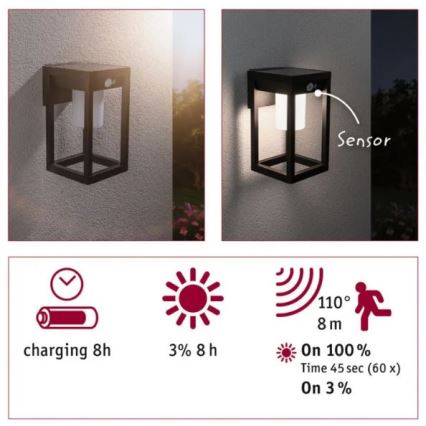 Paulmann 94572 -LED/5,5W IP44 Solárne nástenné svietidlo so senzorom MARISOL 3,7V