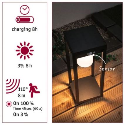 Paulmann 94573 - LED/5,5W IP44 Solárna lampa so senzorom MARISOL 3,7V 2000 mAh