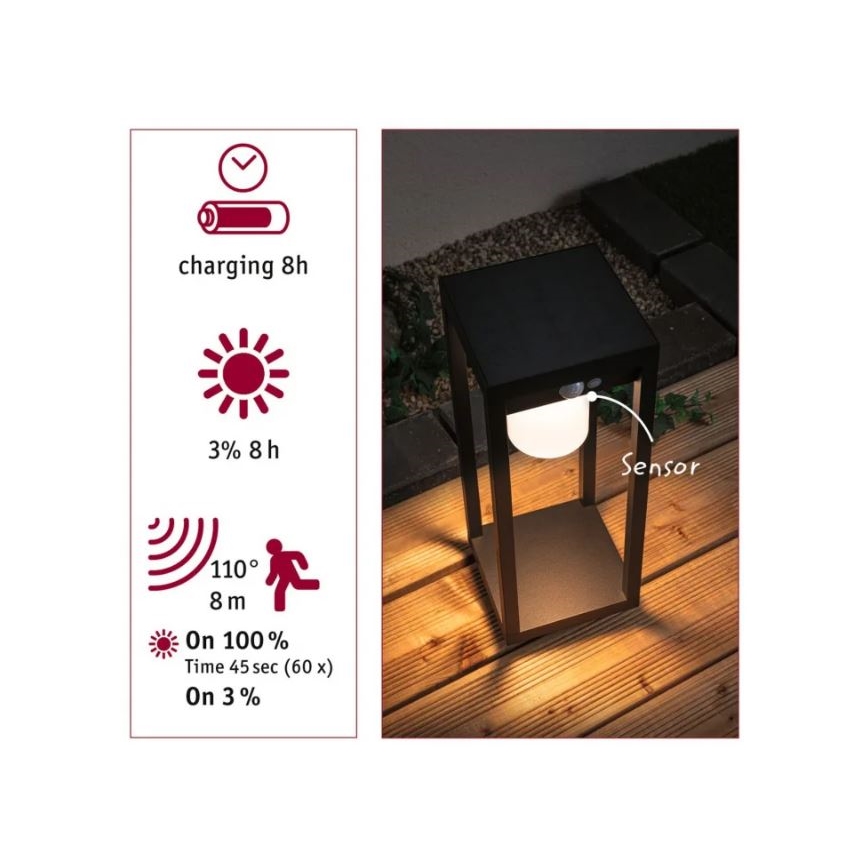 Paulmann 94573 - LED/5,5W IP44 Solárna lampa so senzorom MARISOL 3,7V 2000 mAh