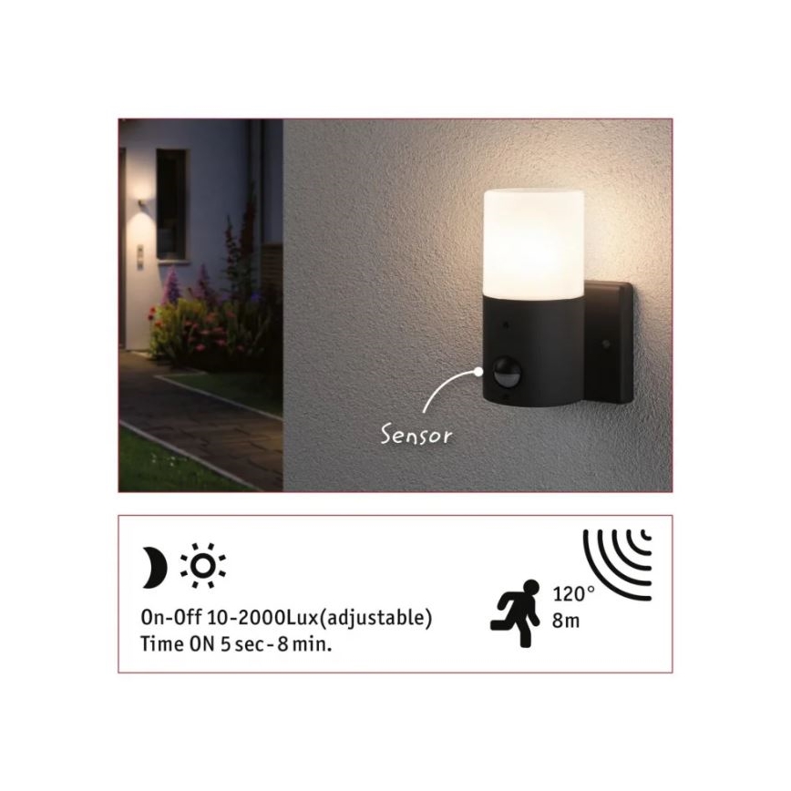 Paulmann 94648 - 1xE27/15W IP44 Vonkajšie nástenné svietidlo so senzorom TUBS 230V