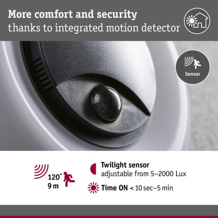 Paulmann 94956 - LED/20,5W IP65 Stmievateľné vonkajšie nástenné svietidlo s pohybovým a súmrakovým senzorom AUREVA 230V 2200/3000/4000K antracit