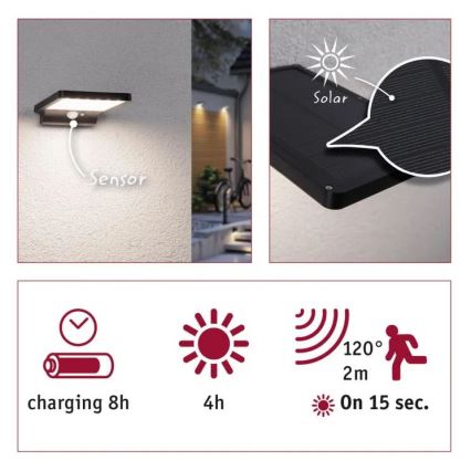 Paulmann 95393 - LED/4W IP44 Stmievateľné solárne nástenné svietidlo so senzorom SOLVEIG 3,7V 2000 mAh