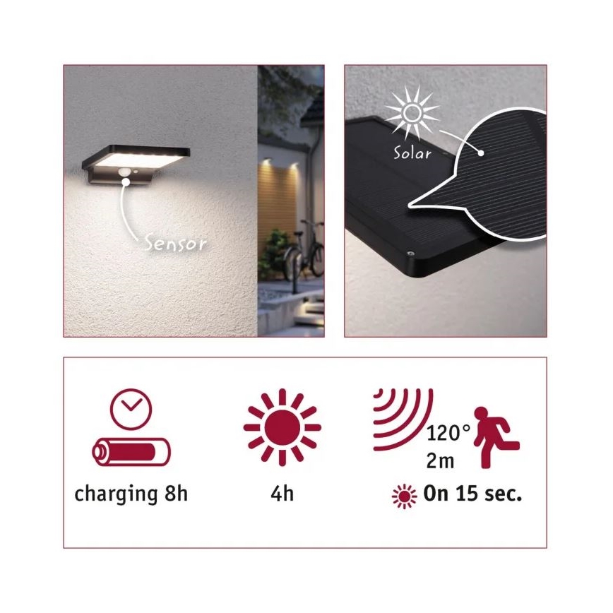 Paulmann 95393 - LED/4W IP44 Stmievateľné solárne nástenné svietidlo so senzorom SOLVEIG 3,7V 2000 mAh
