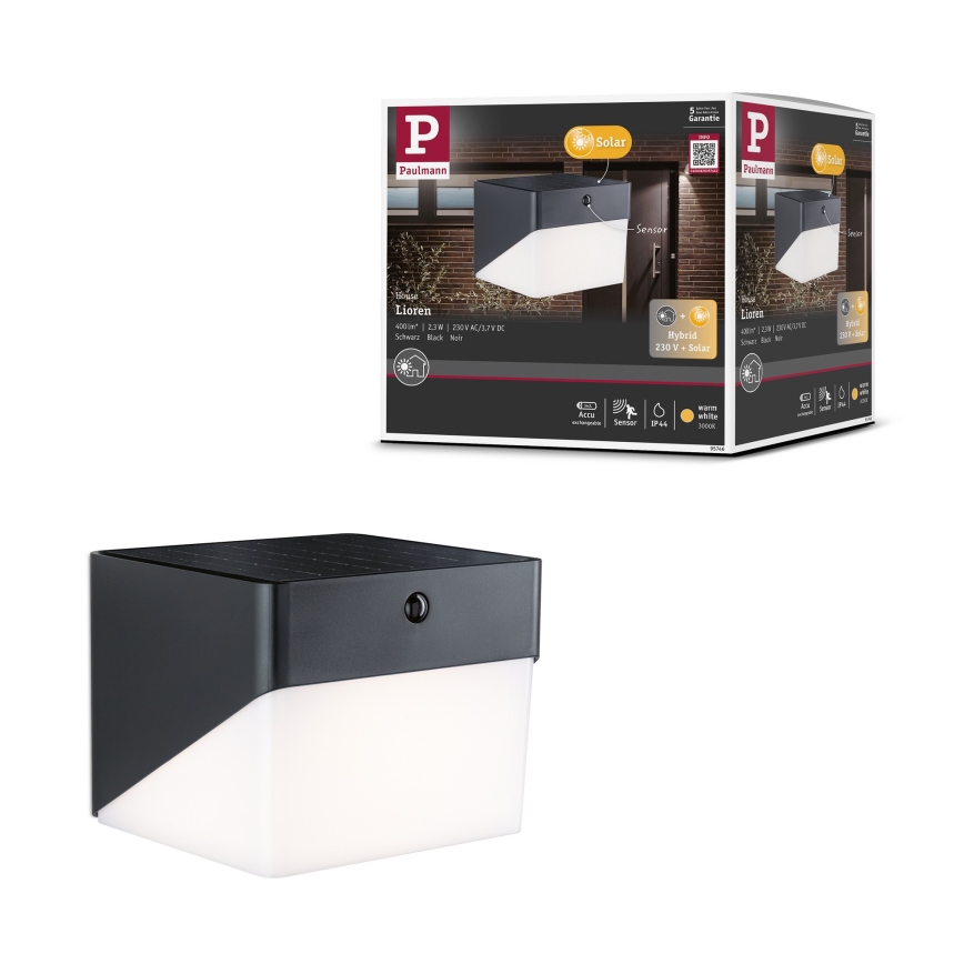 Paulmann 95746 - LED/2,3W IP44 Solárne nástenné svietidlo so senzorom EILEEN 3,7/230V 4000 mAh čierna