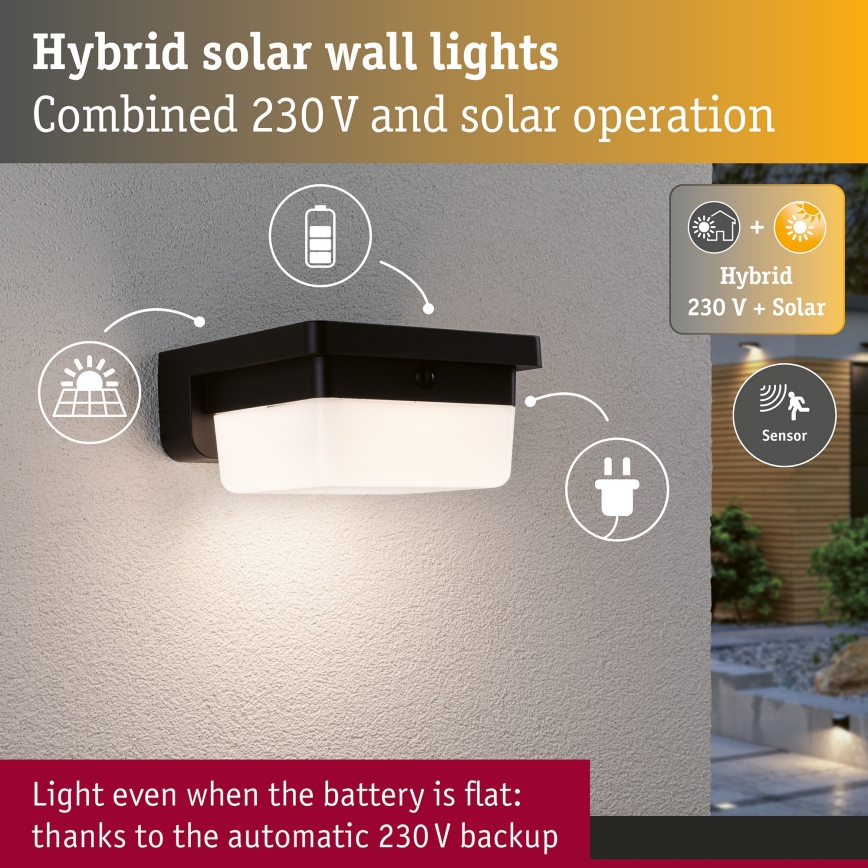Paulmann 95748 - LED/2,3W IP44 Solárne nástenné svietidlo so senzorom ISLEEN 3,7/230V 4000 mAh čierna