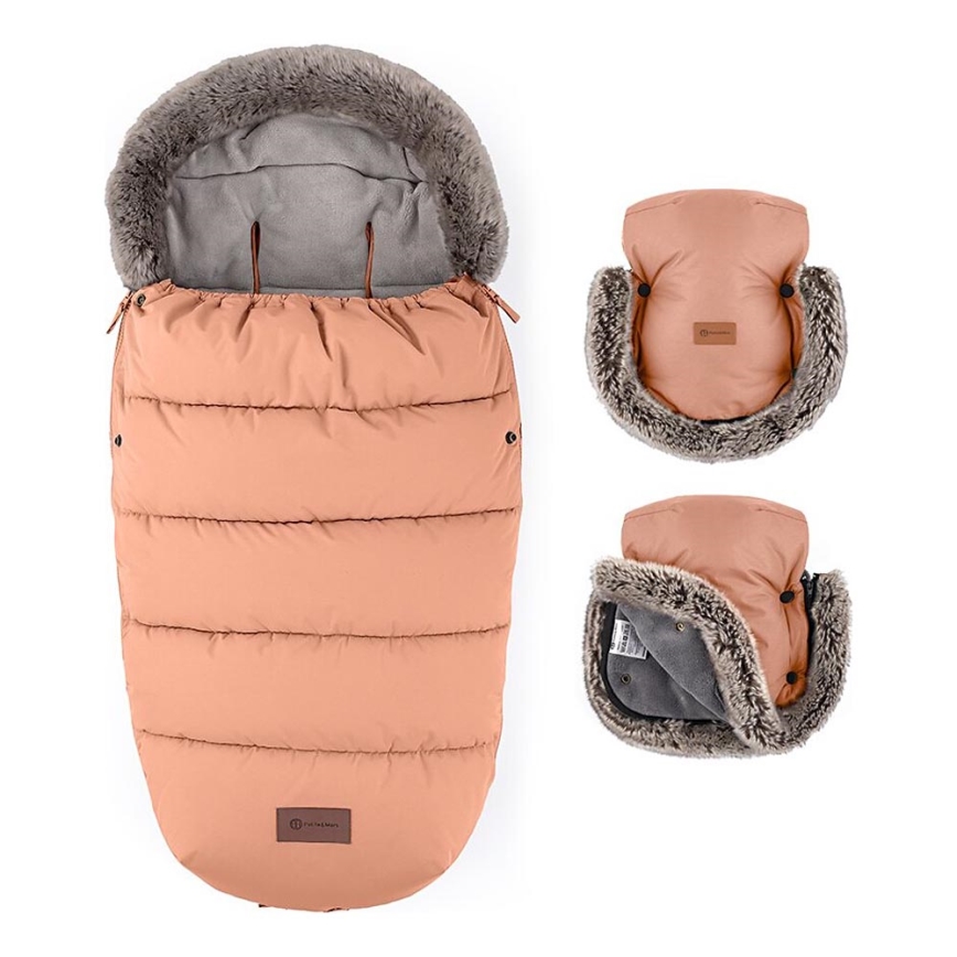 PETITE&MARS - SADA Detský fusak 4v1 COMFY + rukávniky na kočík FURRY Pastel Peach