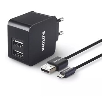 Philips DLP2307U/12 - Nabíjací adaptér 2xUSB/15,5W/230V + kábel micro USB 1m