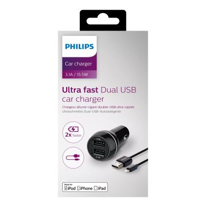 Philips DLP2357V/10 -Nabíjačka do auta 2xUSB/12V + kábel USB/lightning konektor