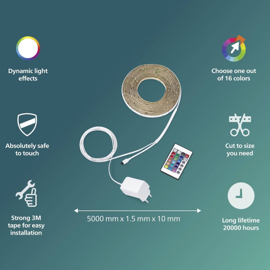 Philips - LED RGBW stlmiteľný pásik 5m LED/12W/230V + diaľkové ovládanie