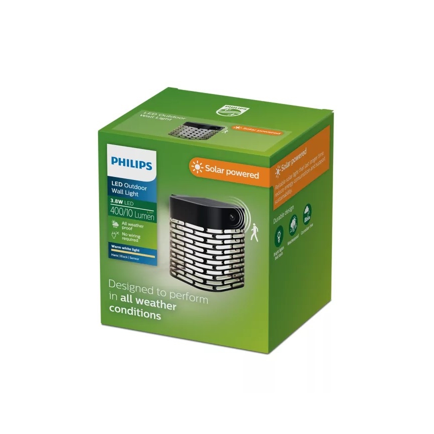 Philips - LED Solárne nástenné svietidlo so senzorom HARA LED/3,8W/3,7V 800 mAh 2700K IP44 čierna