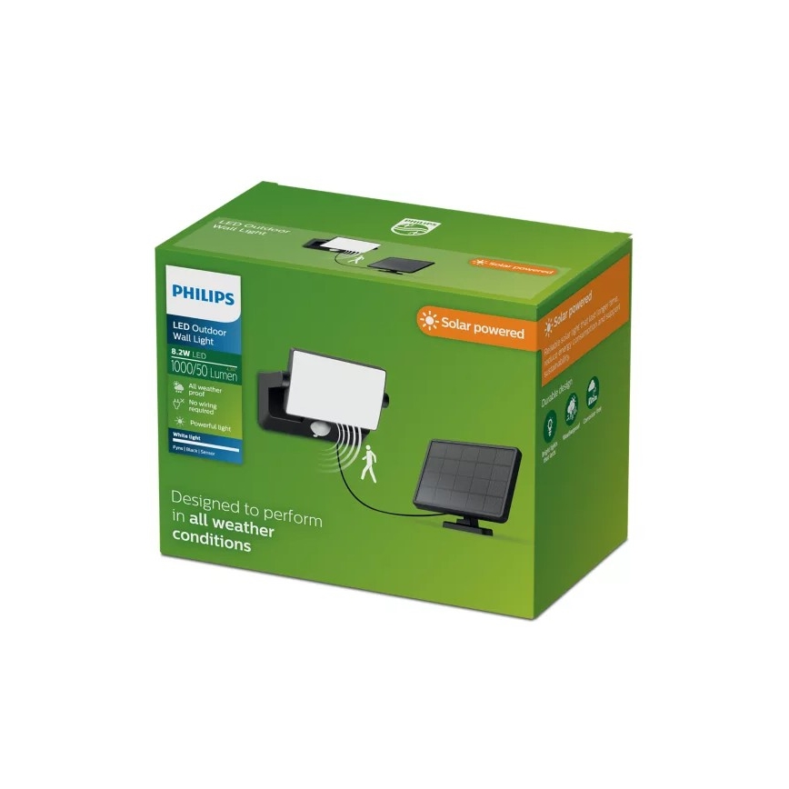 Philips - LED solárny nástenný reflektor so senzorom FYNS LED/8,2W/3,7V 2600 mAh 3000K IP44 čierna