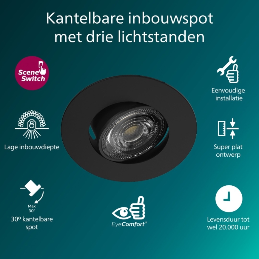 Philips - stmievateľné zapustené LED svietidlo CILANTRO, 5 W, 230 V, 4000 K, čierne
