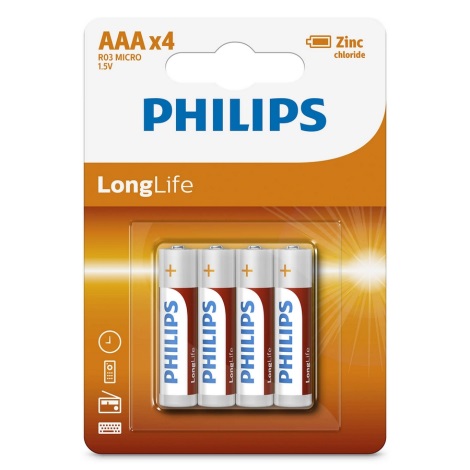 Philips R03L4B/10 - 4 ks Zinkochloridová batéria AAA LONGLIFE 1,5V