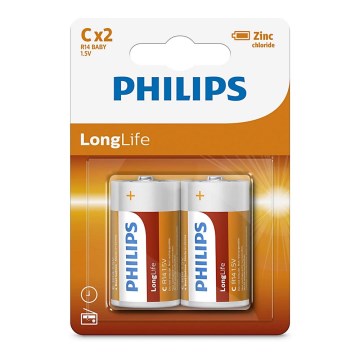 Philips R14L2B/10 - 2 ks Zinkochloridová batéria C LONGLIFE 1,5V 2800mAh