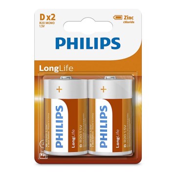 Philips R20L2B/10 - 2 ks Zinkochloridová batéria D LONGLIFE 1,5V 5000mAh