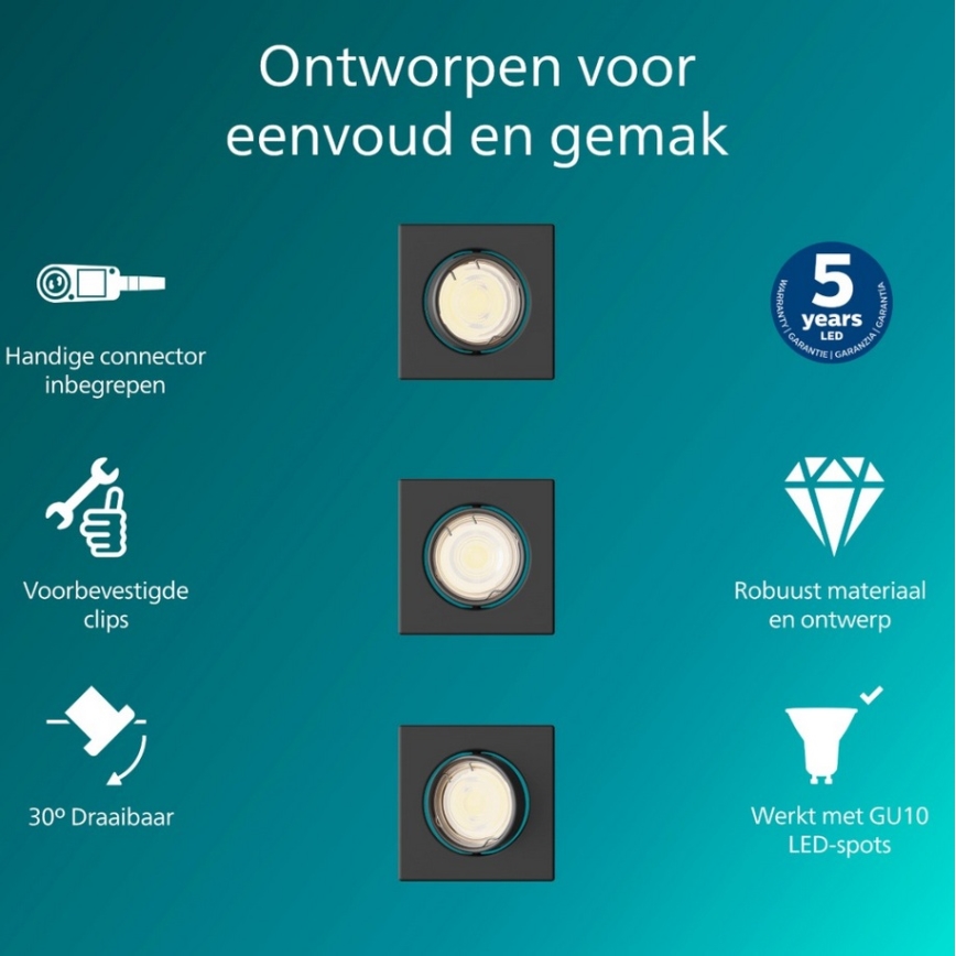 Philips - SADA 3 ks zabudovateľných svietidiel PERIDOT 1xGU10/7W/230V čierna